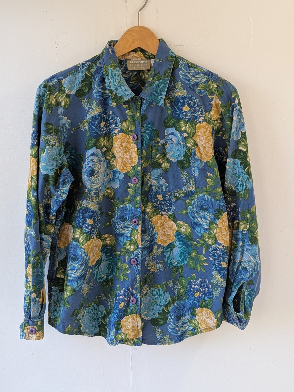 Vintage Liz Claiborne Petite 100% Cotton Floral Button Down Blue Yellow Large
